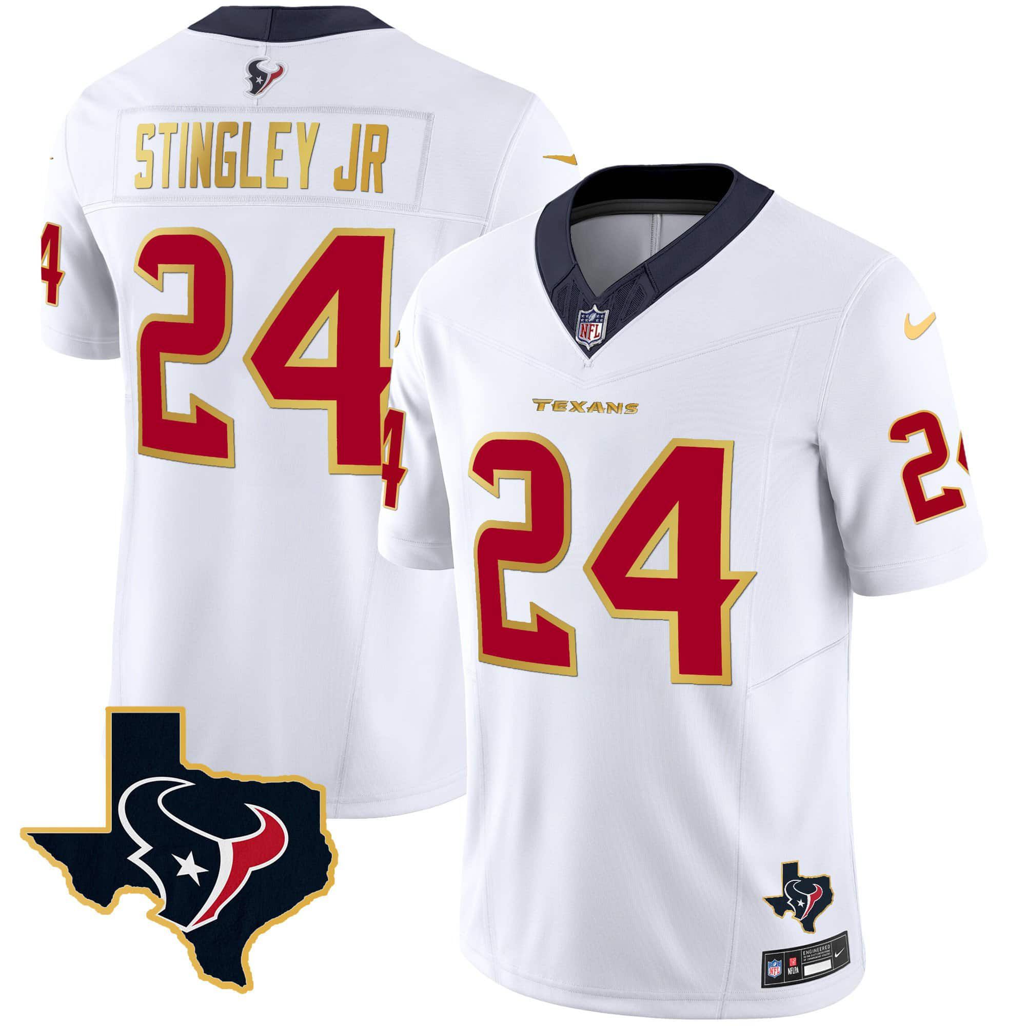 Men Houston Texans #24 Stingley jr White Gold 2024 Nike Trim Vapor NFL Jersey